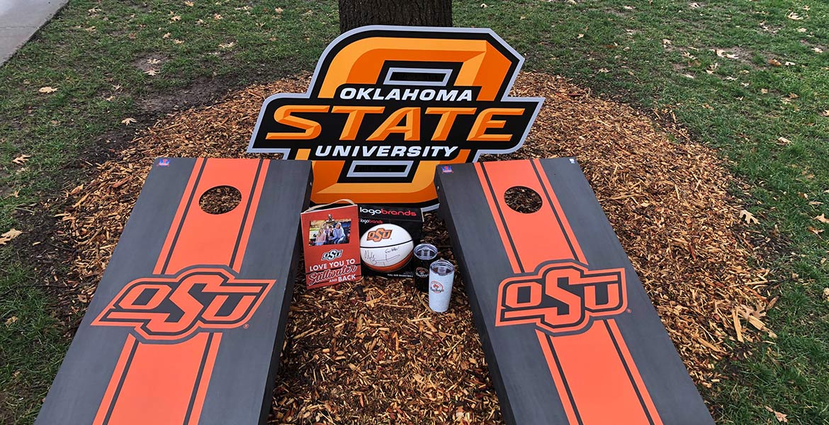 OSU Cornhole game, branded swag, vintage OSU sign.